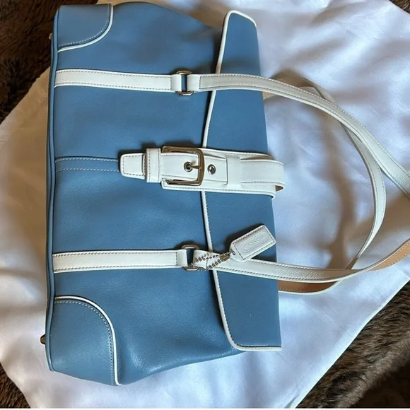 EUC Coach Hampton vintage Bag,Blue & White Leather W/Coach dust bag - Picture 3 of 14